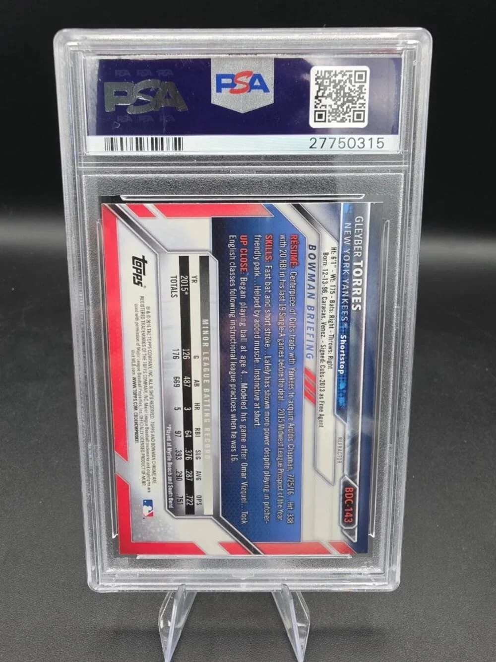 2016 Bowman Chrome Refractor Gleyber Torres RC Card PSA 10 GEM Mint